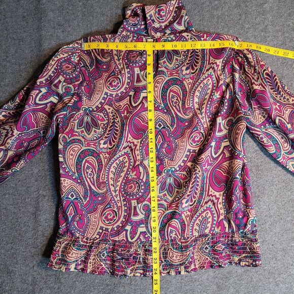 VTG 70s Judy Bond Top Purple Paisley Womens 14 Mod Boho Shirred Waist Office - Picture 6 of 9